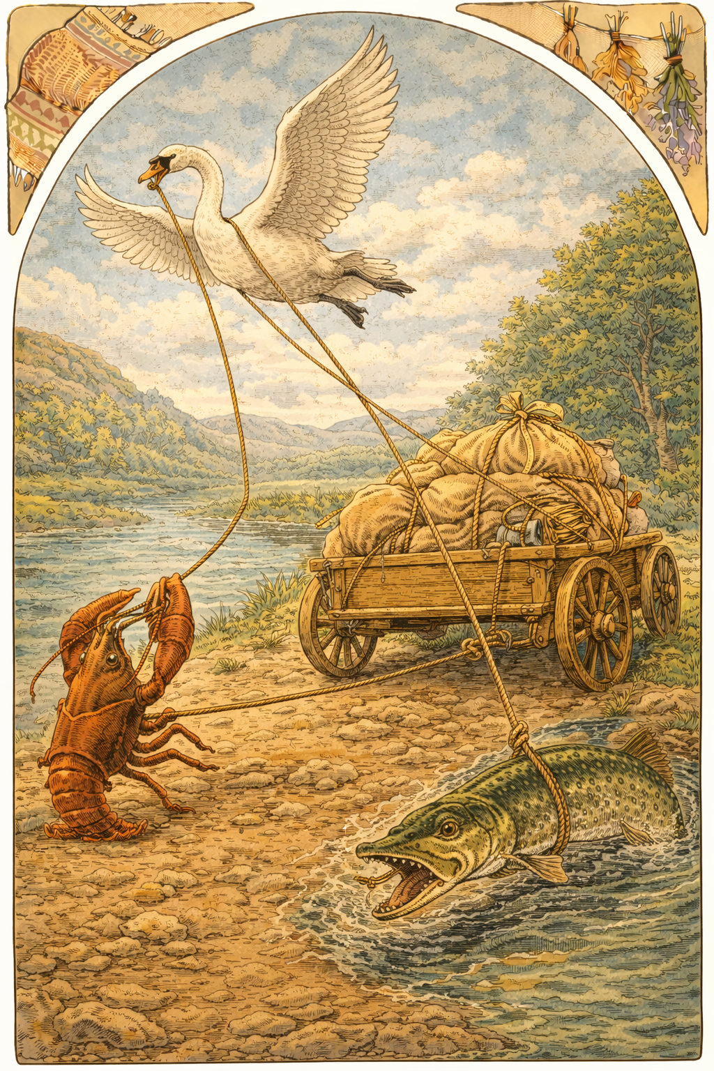 Лебедь, Щука и Рак тянут воз в разные стороны