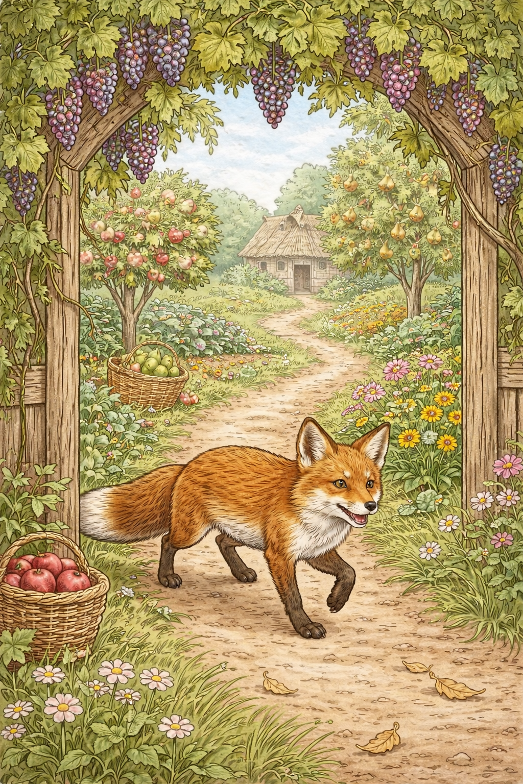 Лисица заходит в сад с виноградом