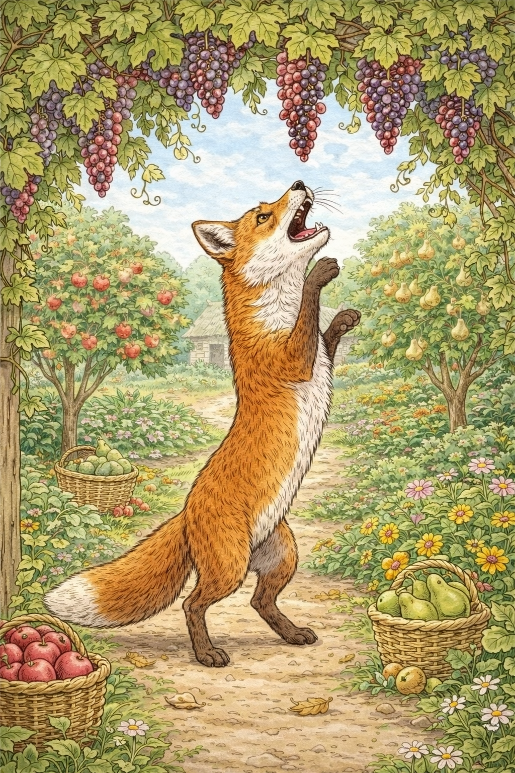 Лисица тянется к винограду