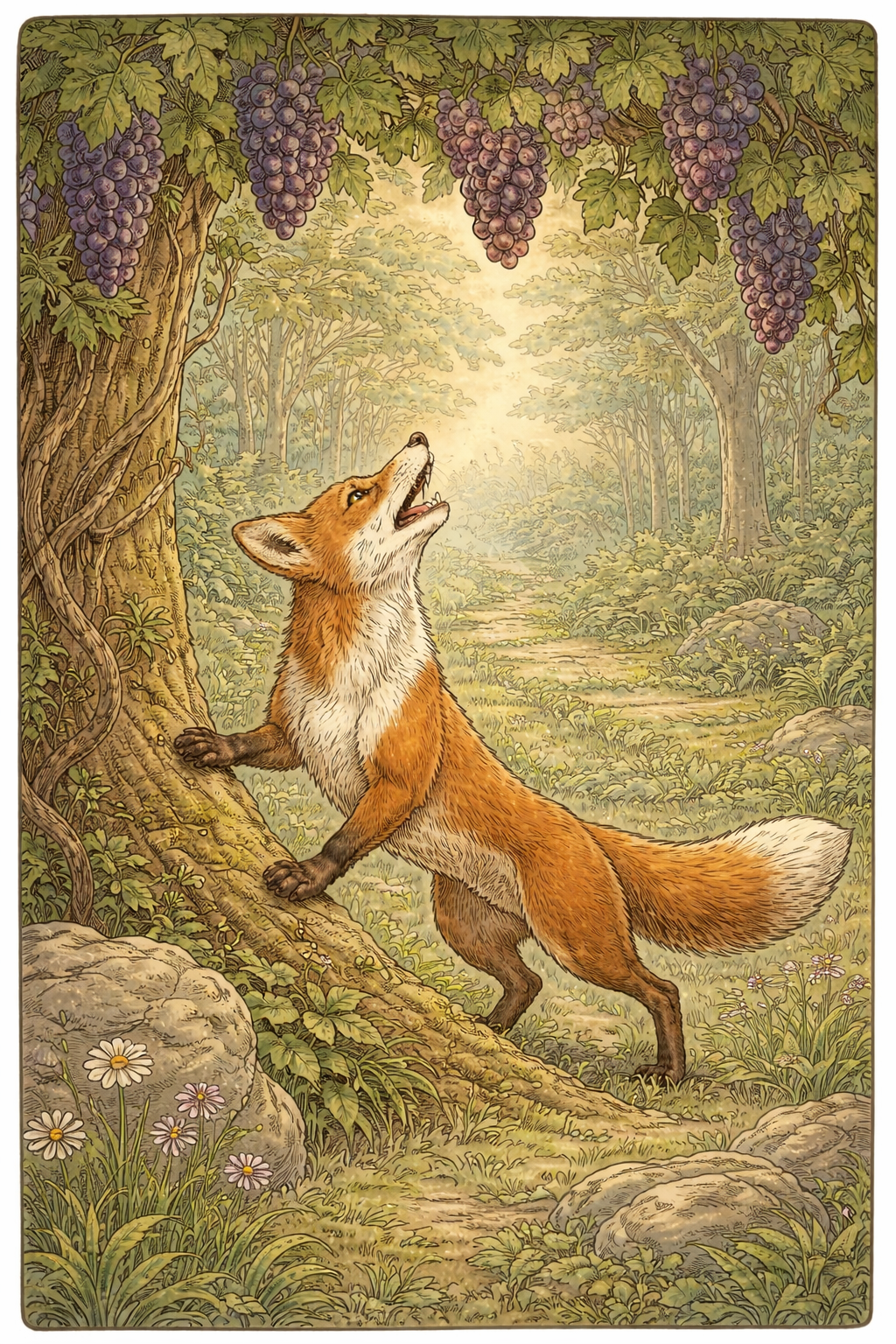 Лисица тянется к винограду