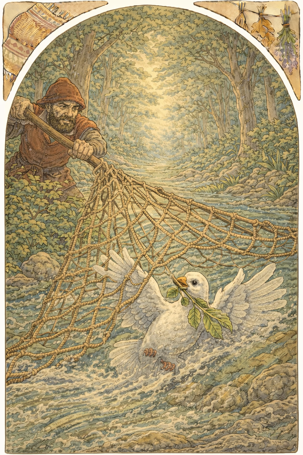 Охотник расставляет сеть на голубку