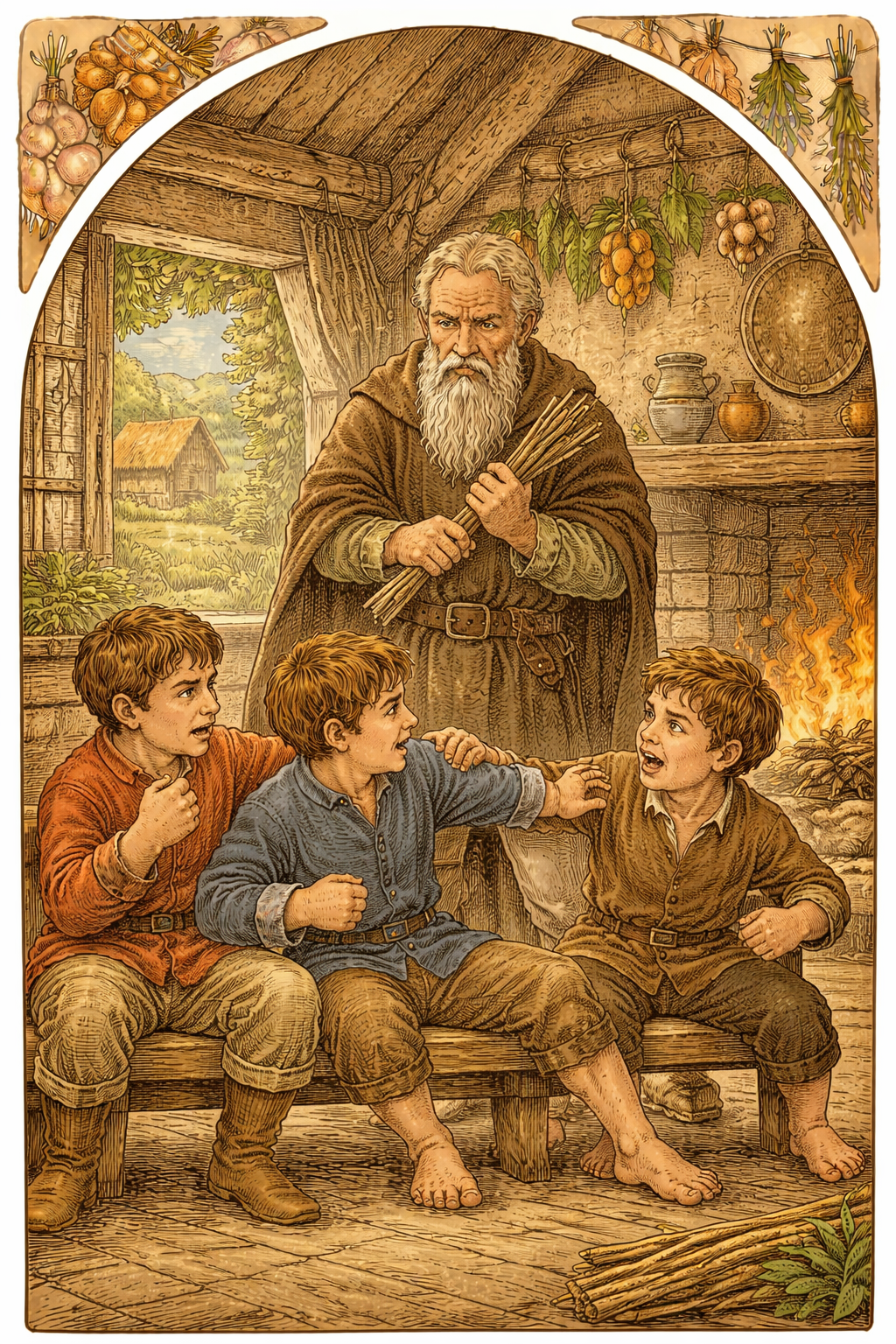 Отец держит веник перед сыновьями