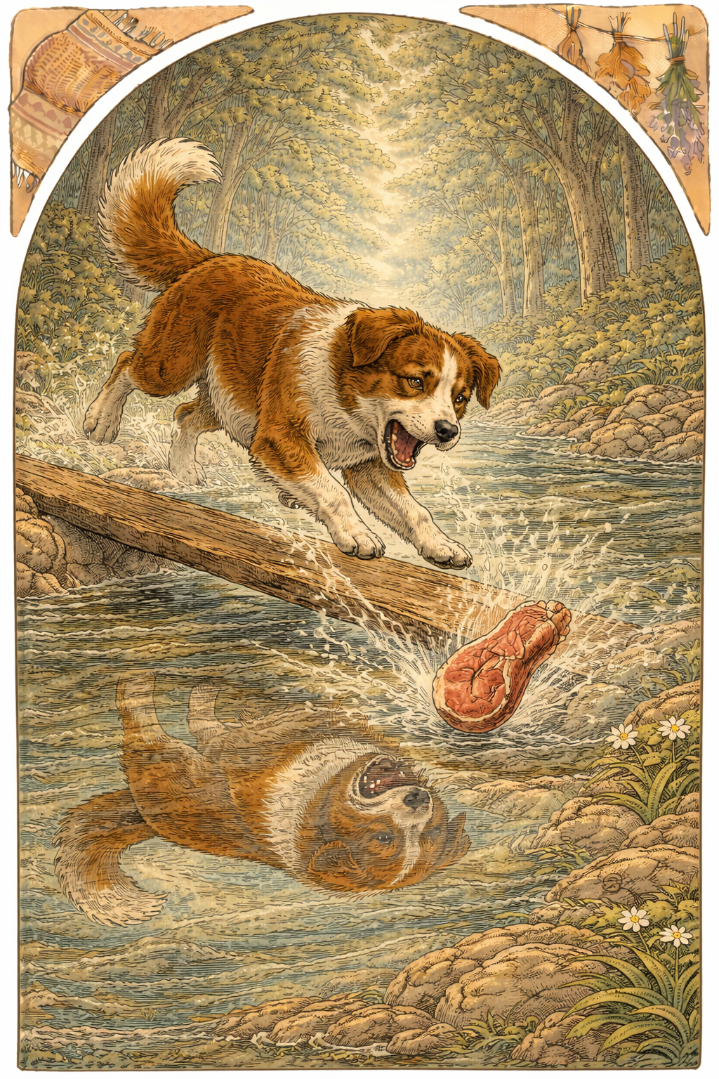 Собака бросается к отражению, а мясо падает в воду