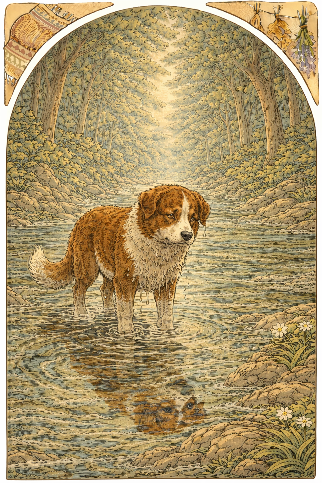 Собака стоит в воде без мяса