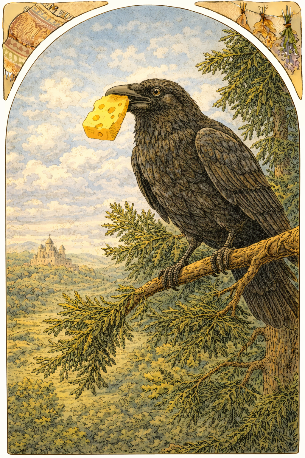 Ворона сидит на ели с кусочком сыра