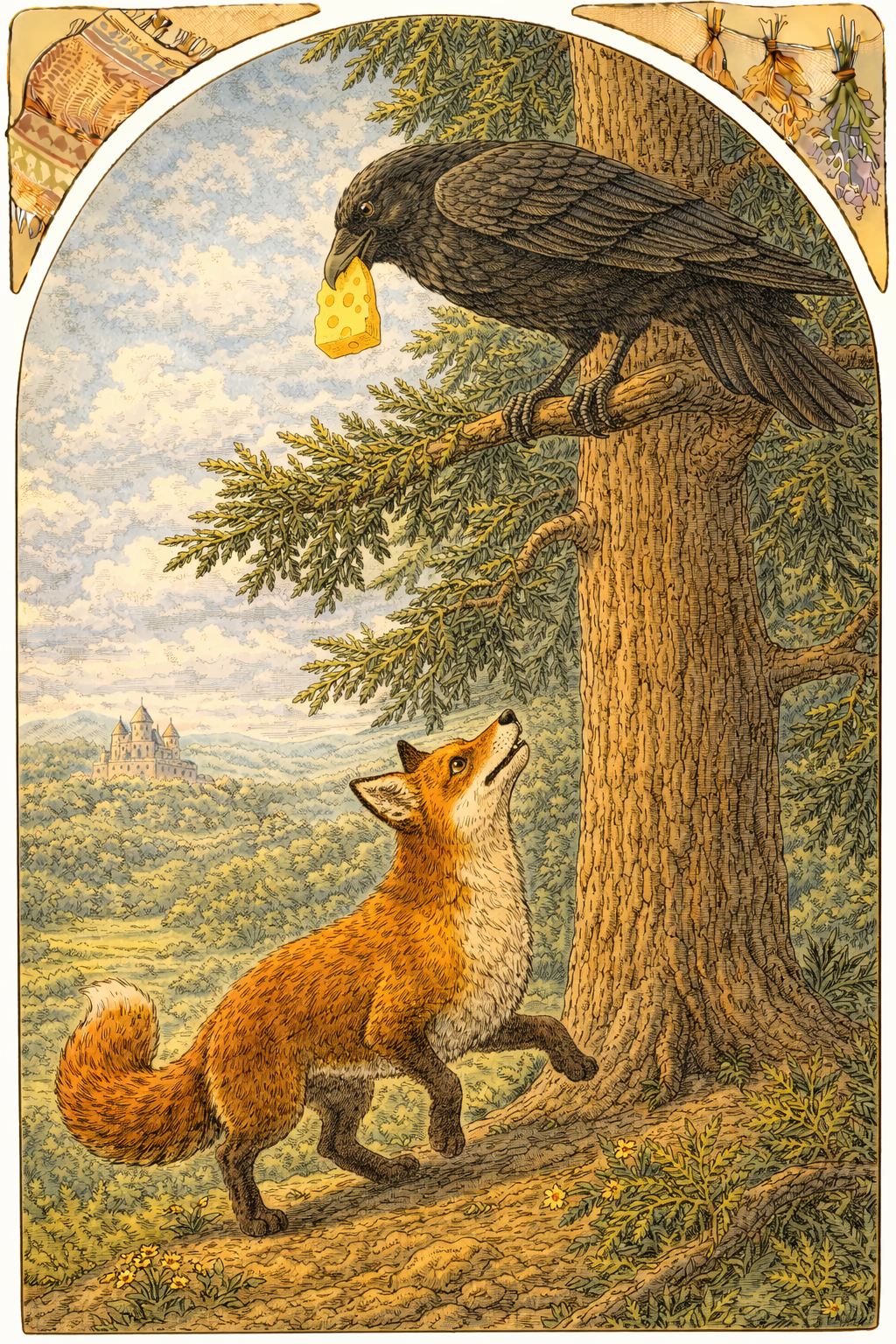 Лисица смотрит на Ворону с сыром