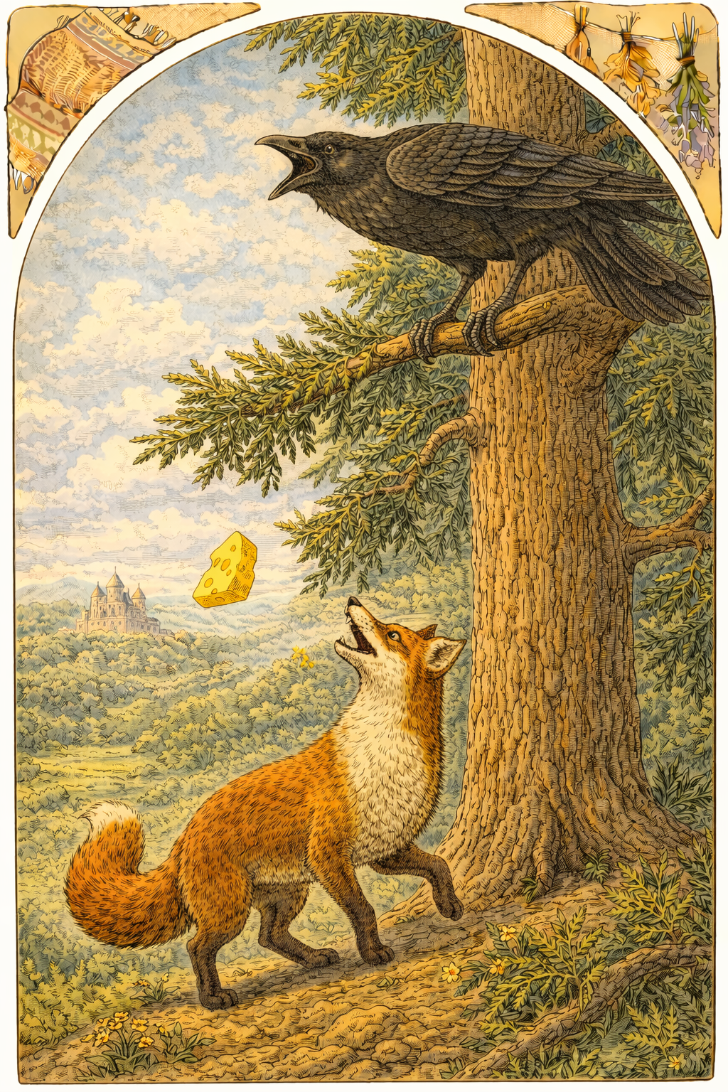 Сыр падает из клюва Вороны к Лисице