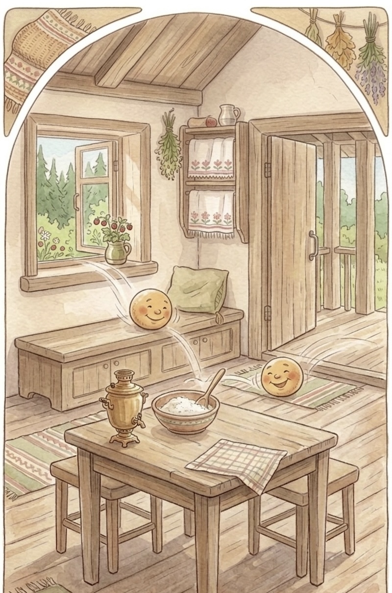 Колобок катится из дома к открытой двери