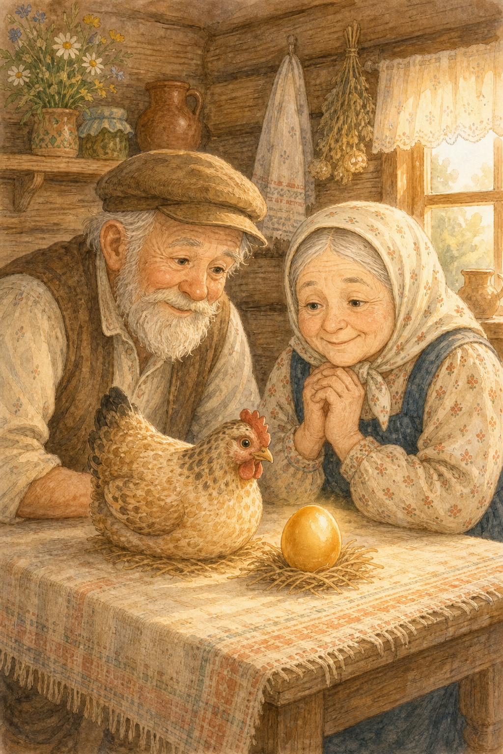 Grandfather, Grandmother, and Ryaba the Hen look at a golden egg