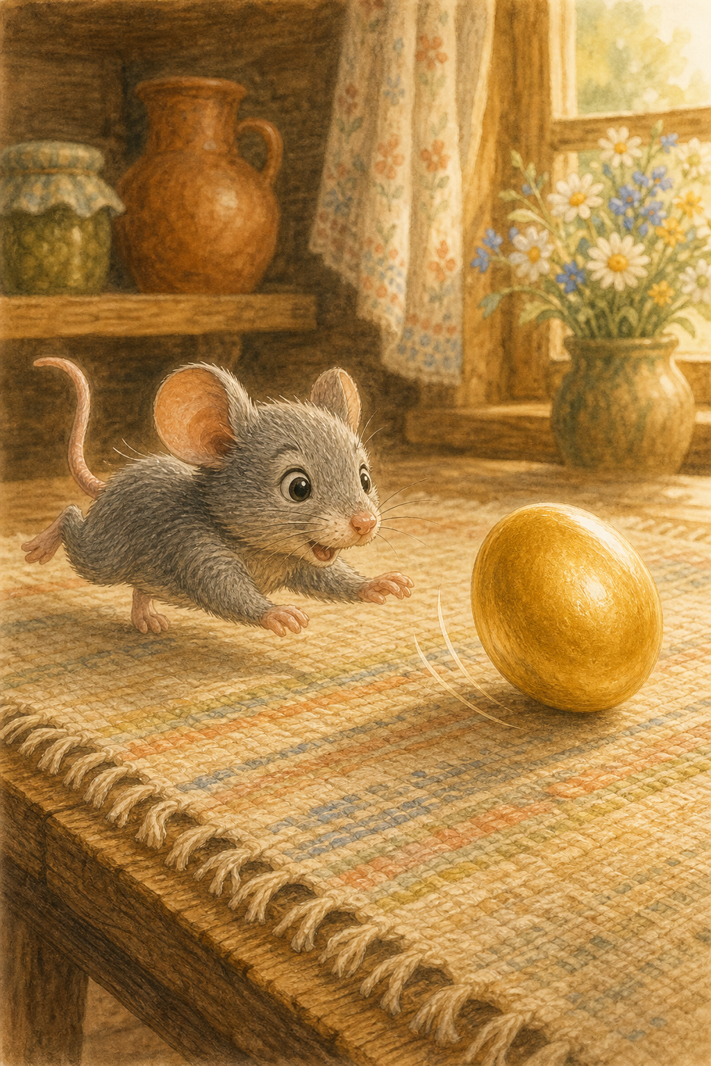 A little mouse runs across the table beside a rolling golden egg