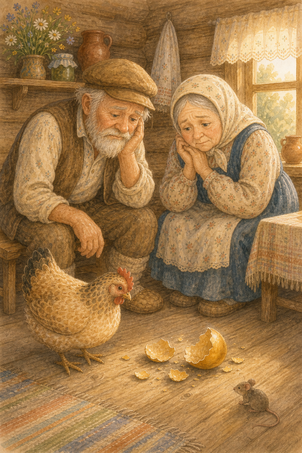 Grandfather and Grandmother feel sad near the broken golden egg