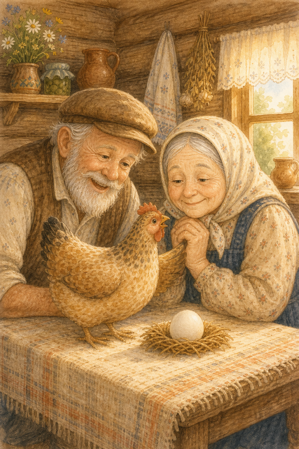 Ryaba the Hen comforts Grandfather and Grandmother beside a simple white egg