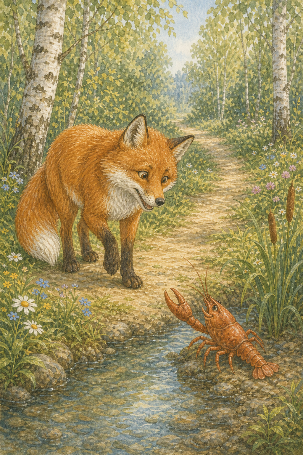 A fox meeting a crayfish by a forest stream