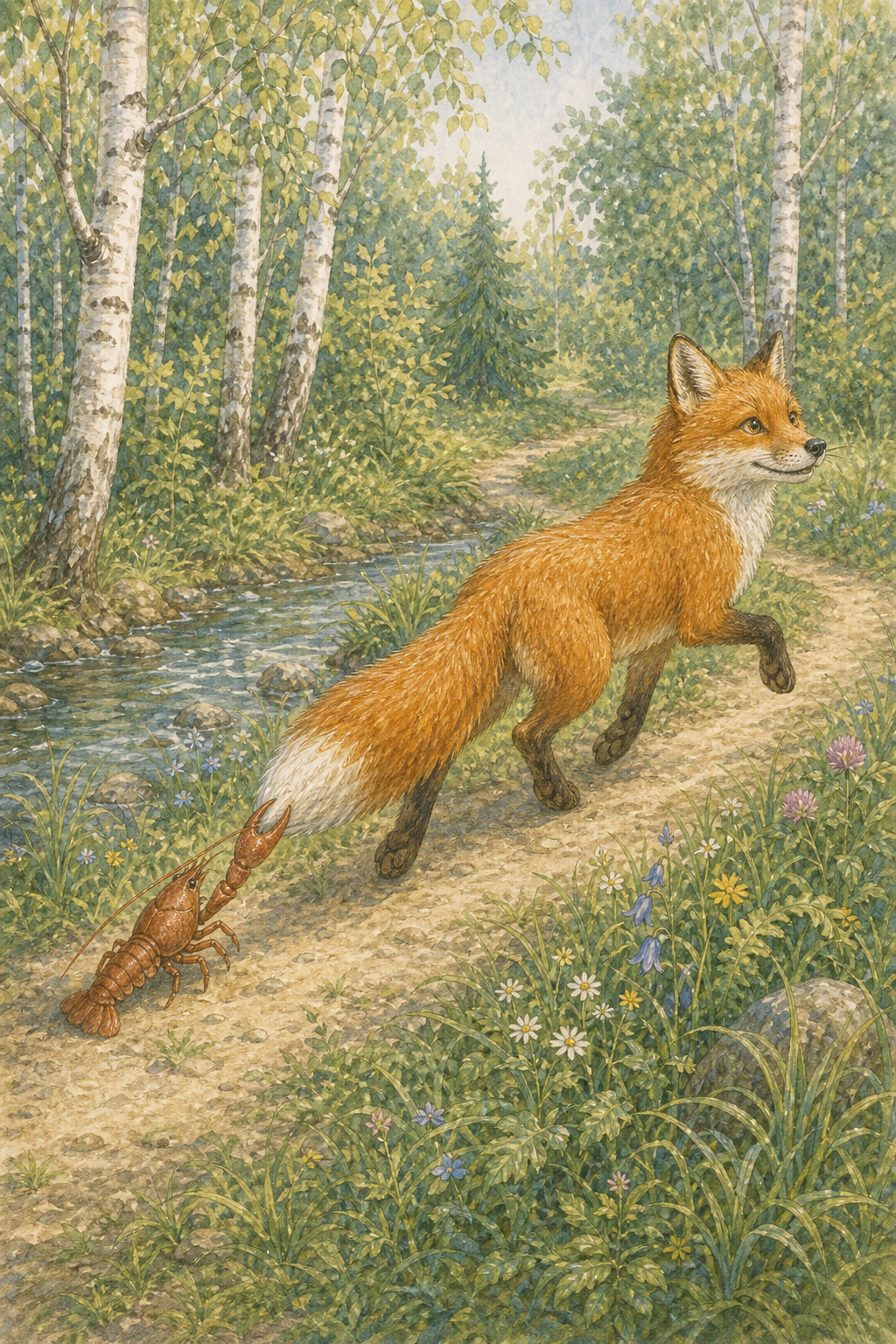 The crayfish holding gently onto the fox’s tail during the race
