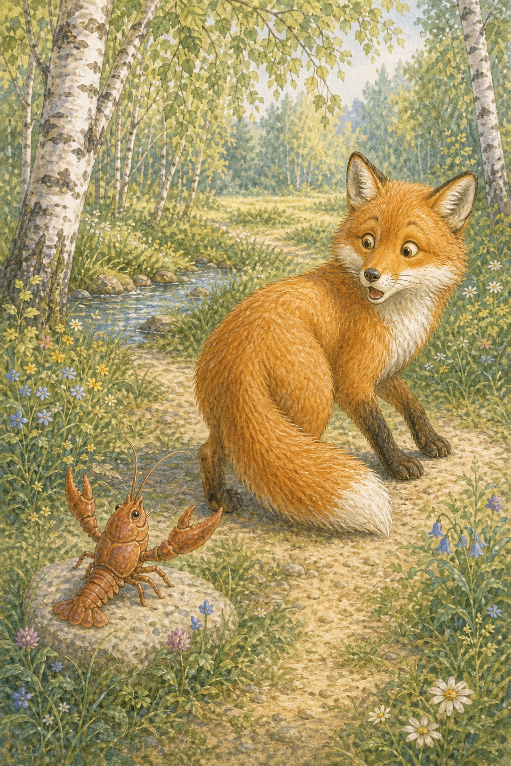 The fox looking surprised while the clever crayfish waits at the finish