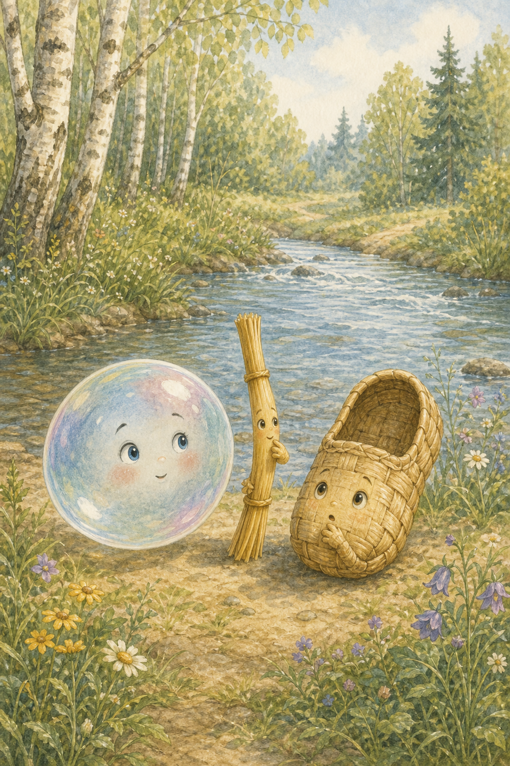 The Bubble, the Straw, and the Bast Shoe standing by a forest river