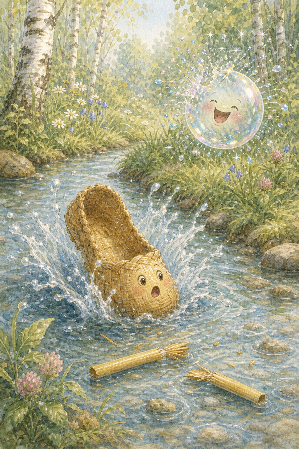 The Bast Shoe splashing into the river while the Bubble pops from laughing