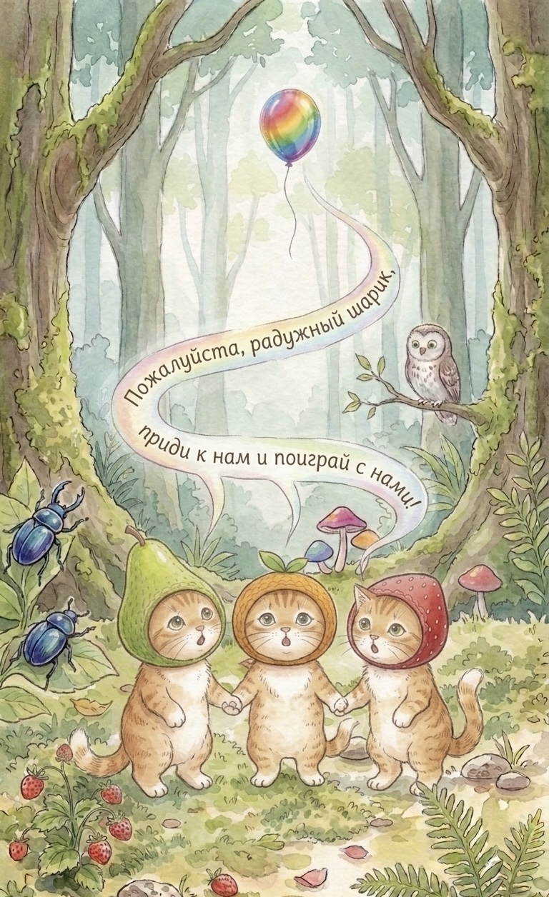 The kittens call to the rainbow balloon