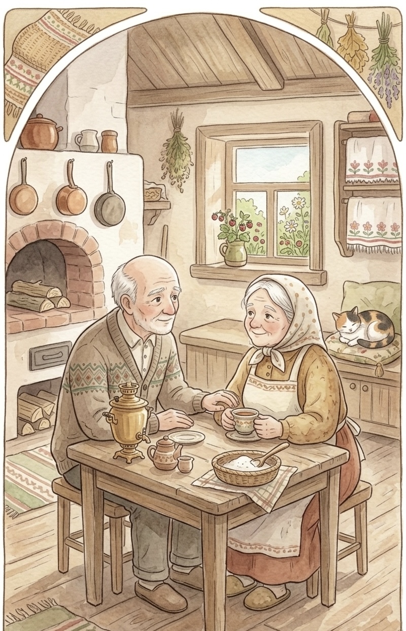 Grandfather and Grandmother sit at a table in a cozy village house