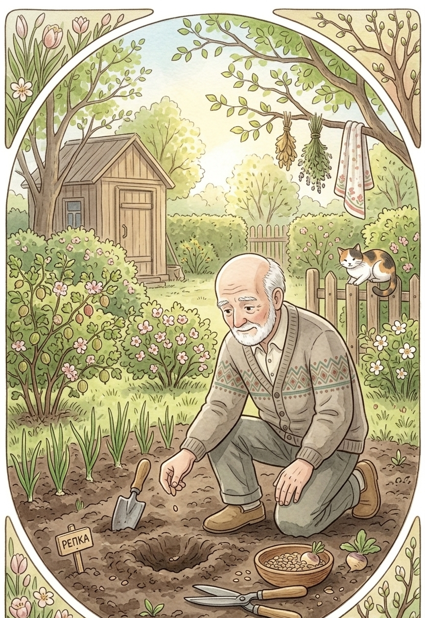 Grandfather plants a tiny turnip seed in the garden