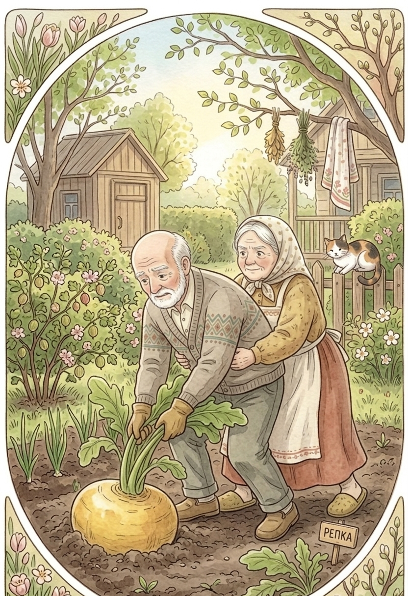 Grandfather and Grandmother pull the big turnip together