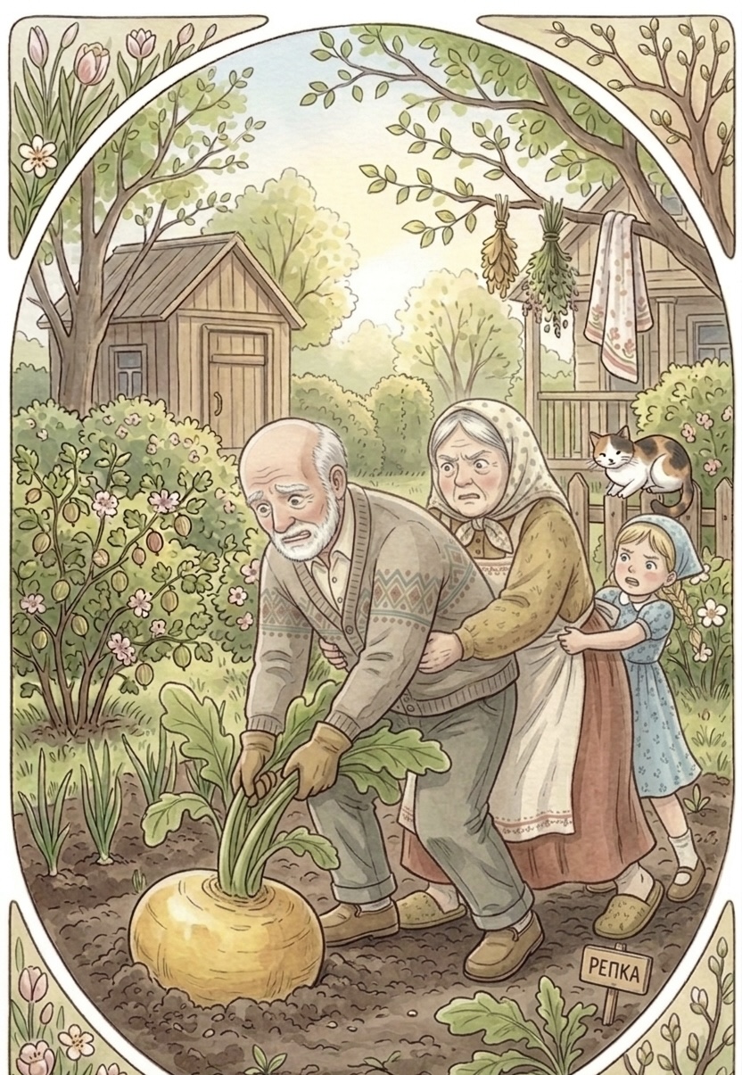 The granddaughter helps Grandmother and Grandfather pull the turnip