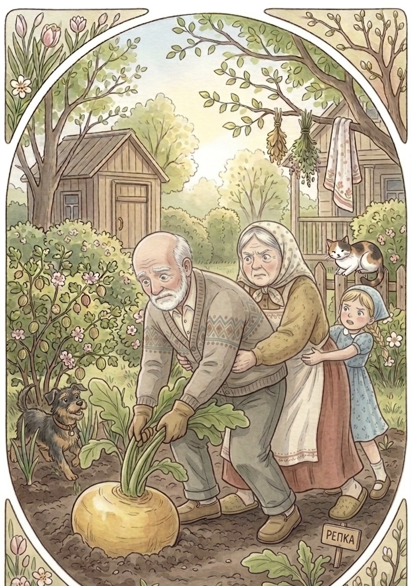 Zhuchka the dog runs over to help pull the turnip