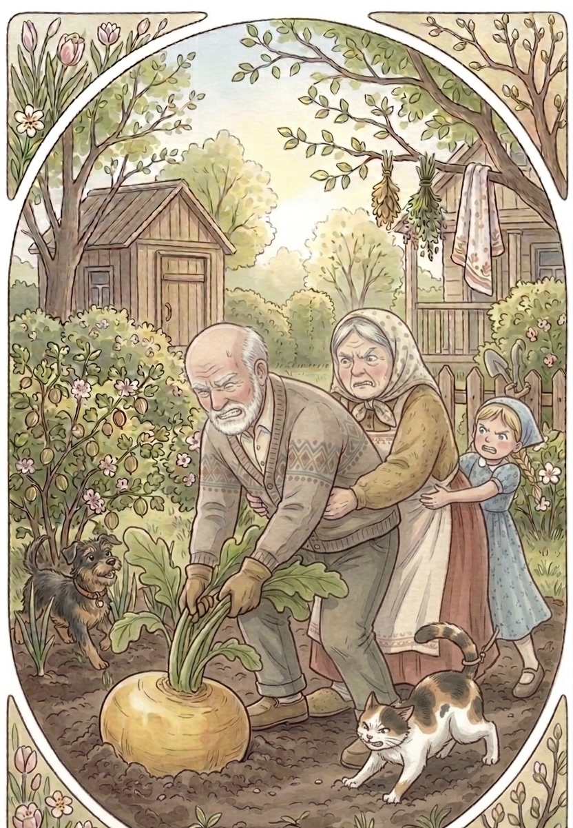 Murka the cat runs over to help pull the turnip