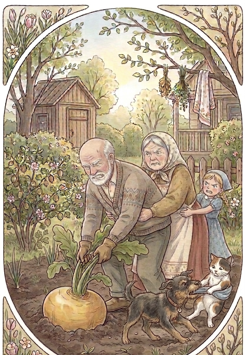 Murka helps Zhuchka and the whole family pull the turnip