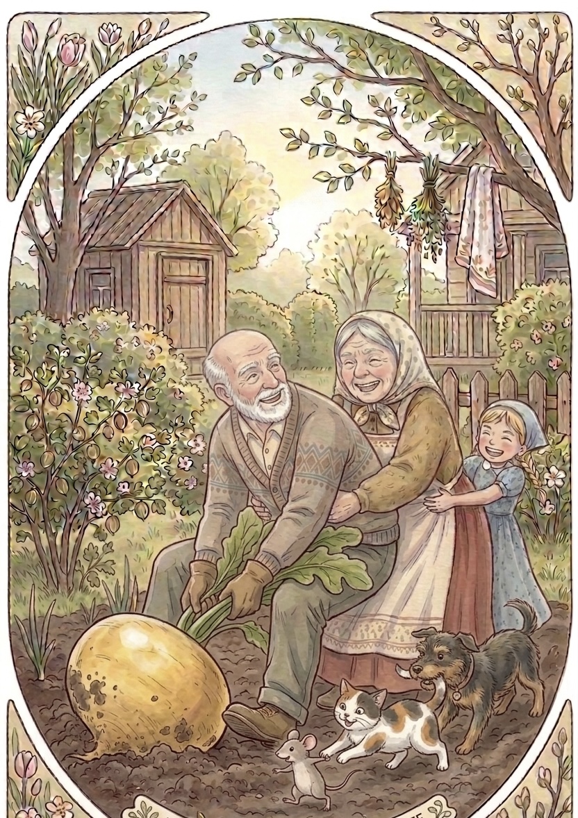 All the characters pull out the turnip together