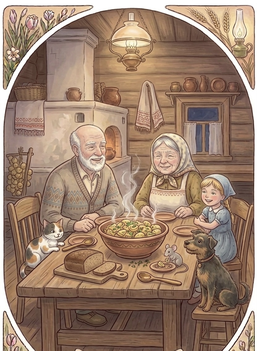 All the characters sit at the table and feel happy about helping together