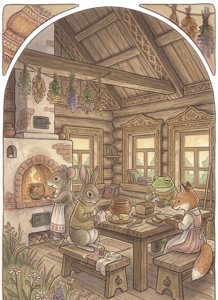 The mouse, frog, hare, and fox inside the teremok