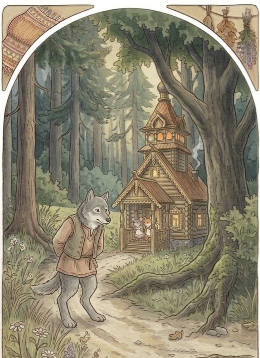 A gray wolf comes to the teremok
