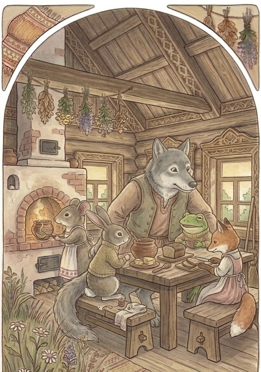 The animals sit at a table in the teremok