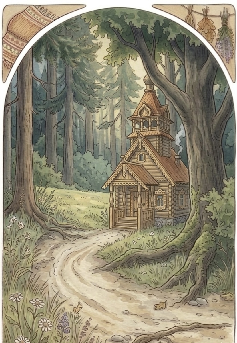 An empty little teremok stands in the forest