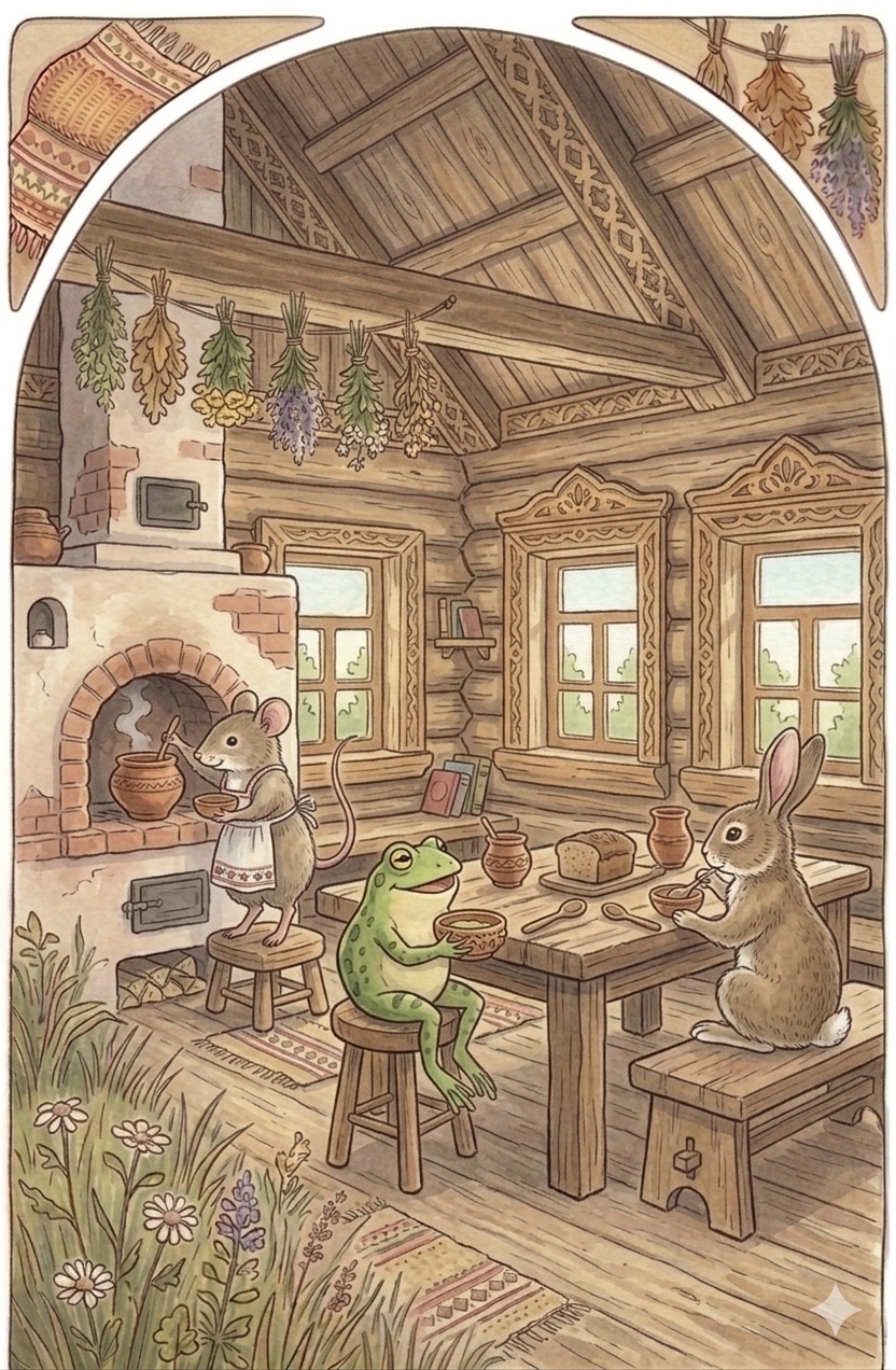 The mouse, frog, and hare live in the warm teremok