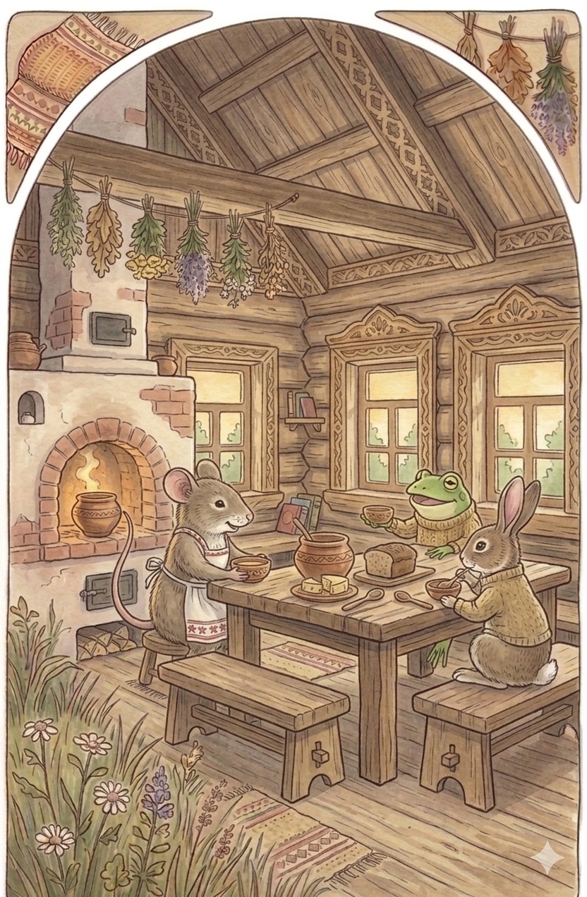 The mouse, frog, and hare sit at a table