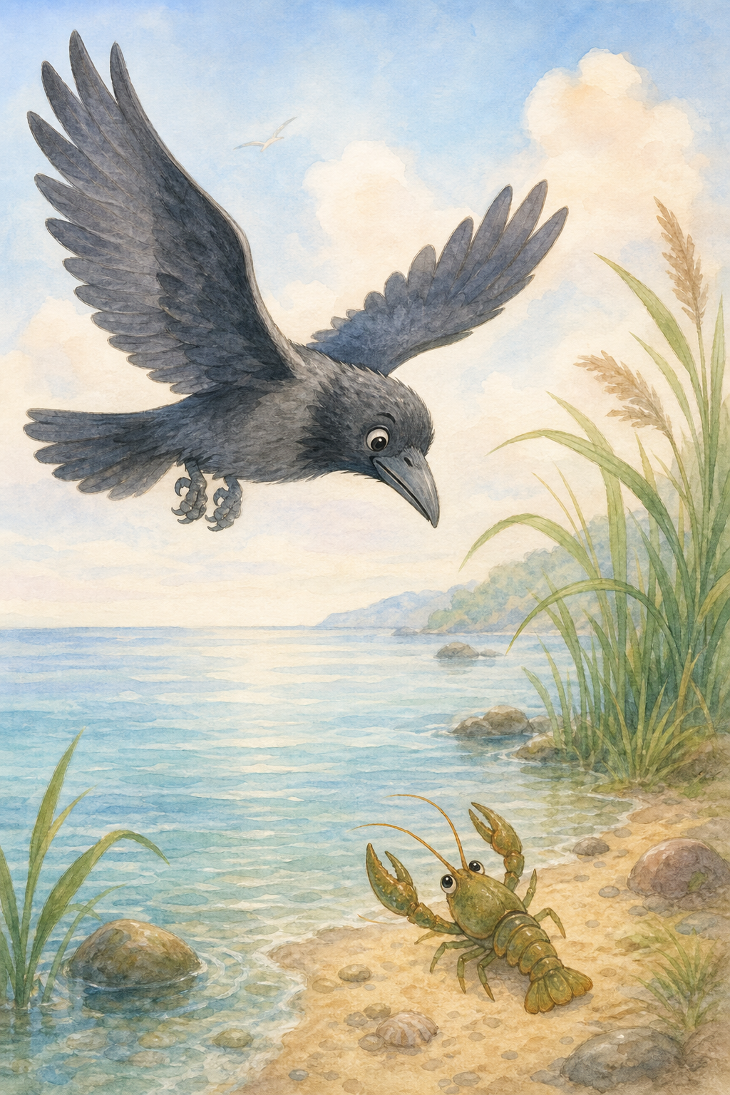 A crow flying over the sea and noticing a crayfish near the shore