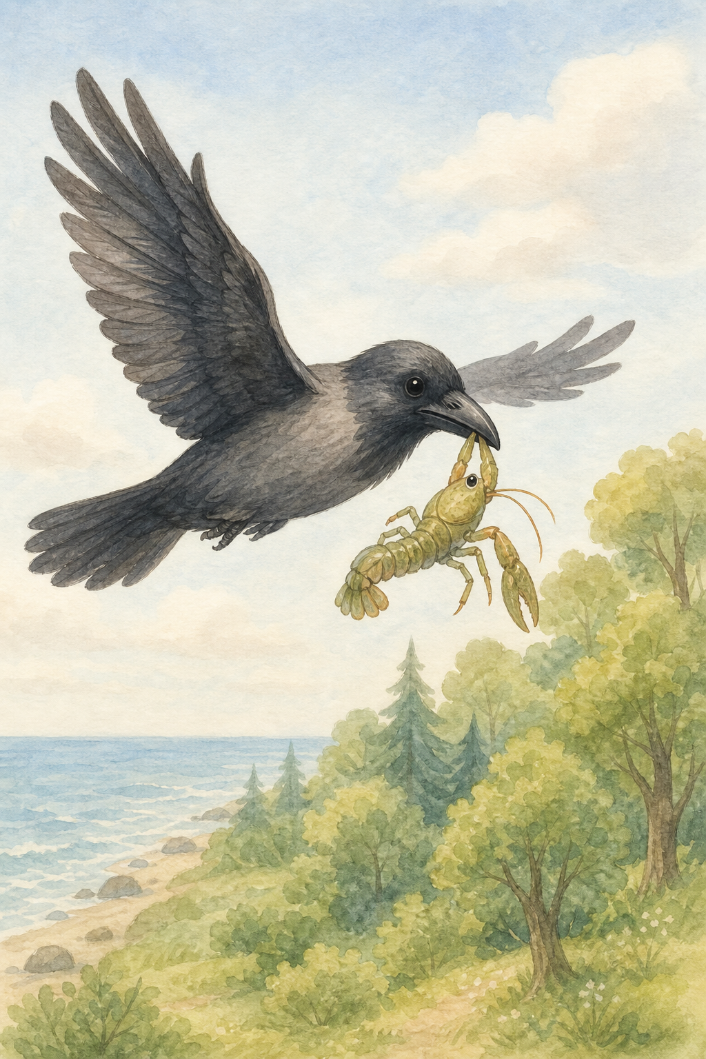 A crow carrying a crayfish from the seashore toward the forest