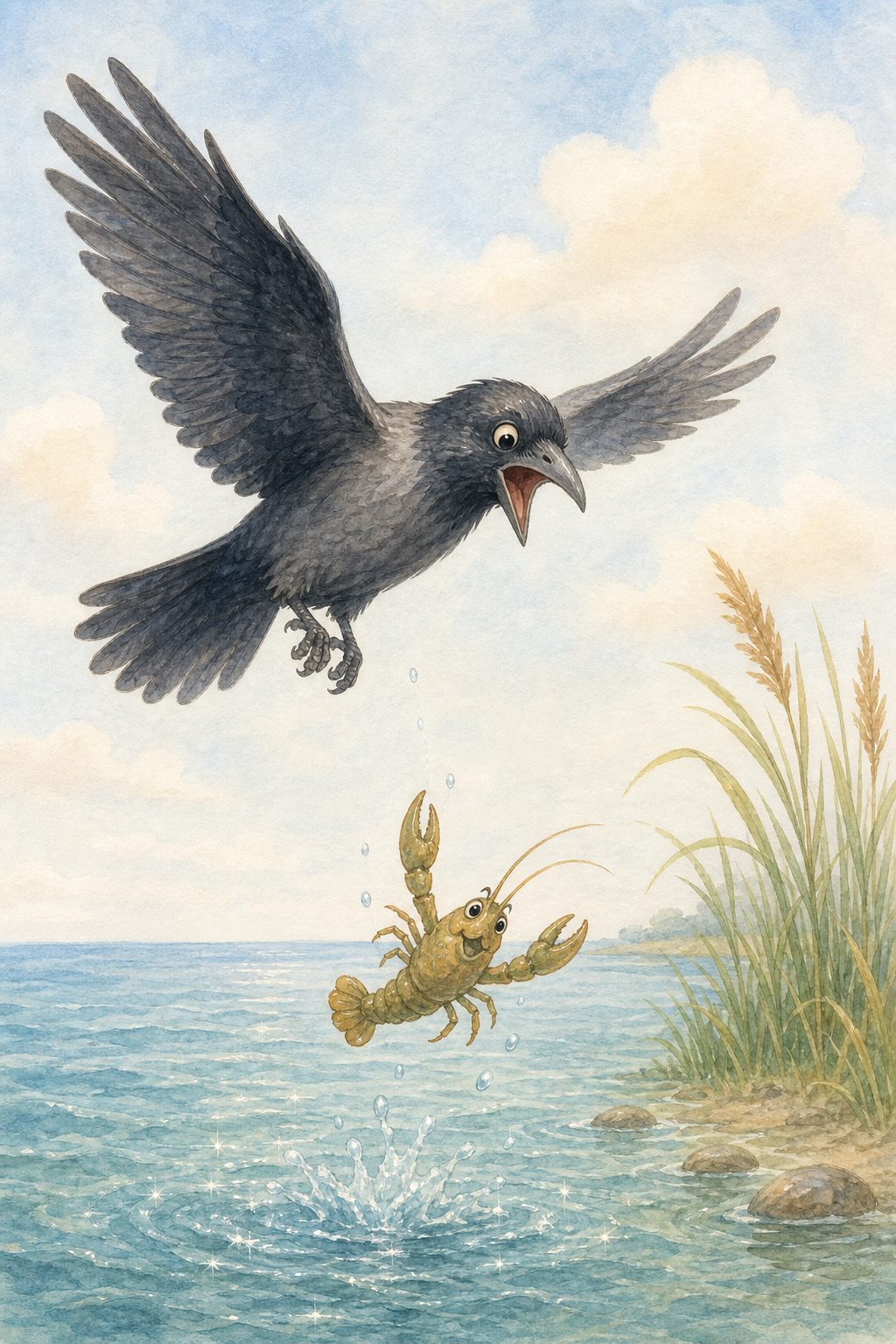 The crow opens her beak and the clever crayfish drops safely into the sea