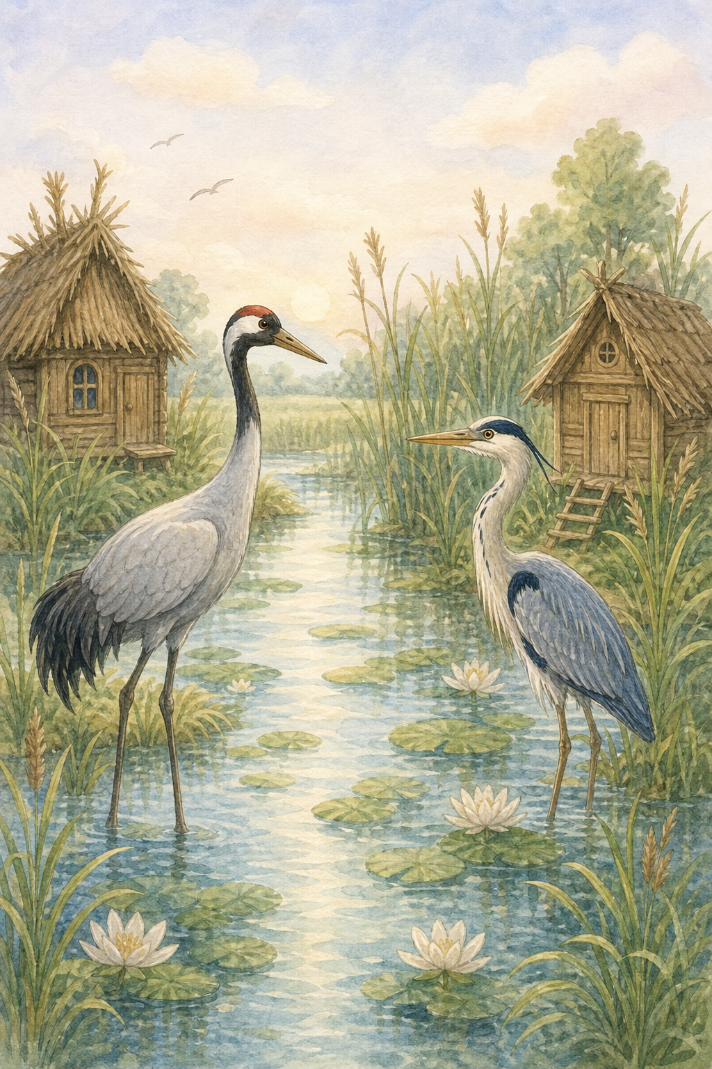The crane and the heron standing in the marsh near their little huts