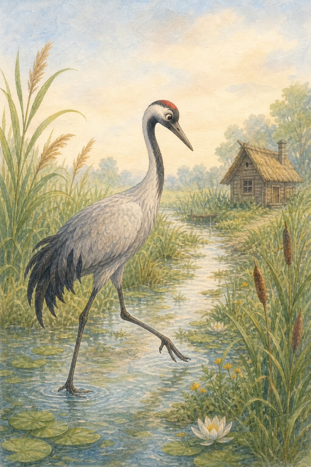 The crane walking through the marsh toward the heron’s little hut