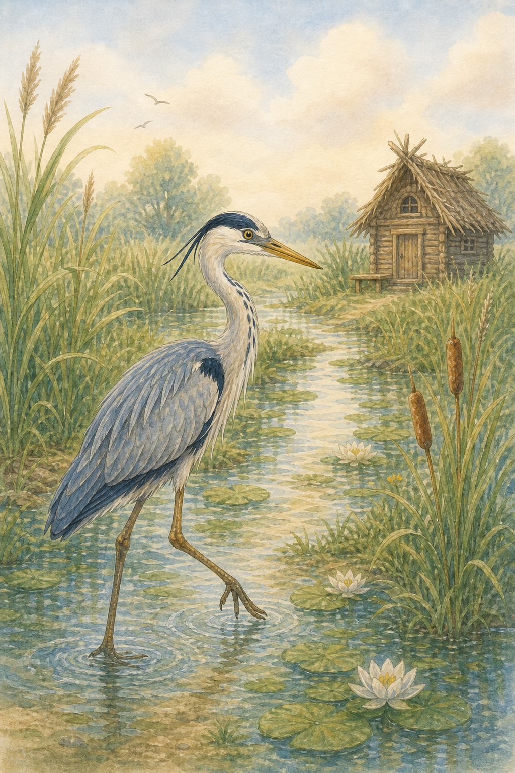 The heron walking through the marsh toward the crane’s little hut