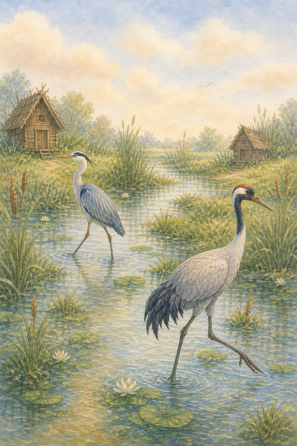 The crane and the heron walking through the marsh in different directions between their huts